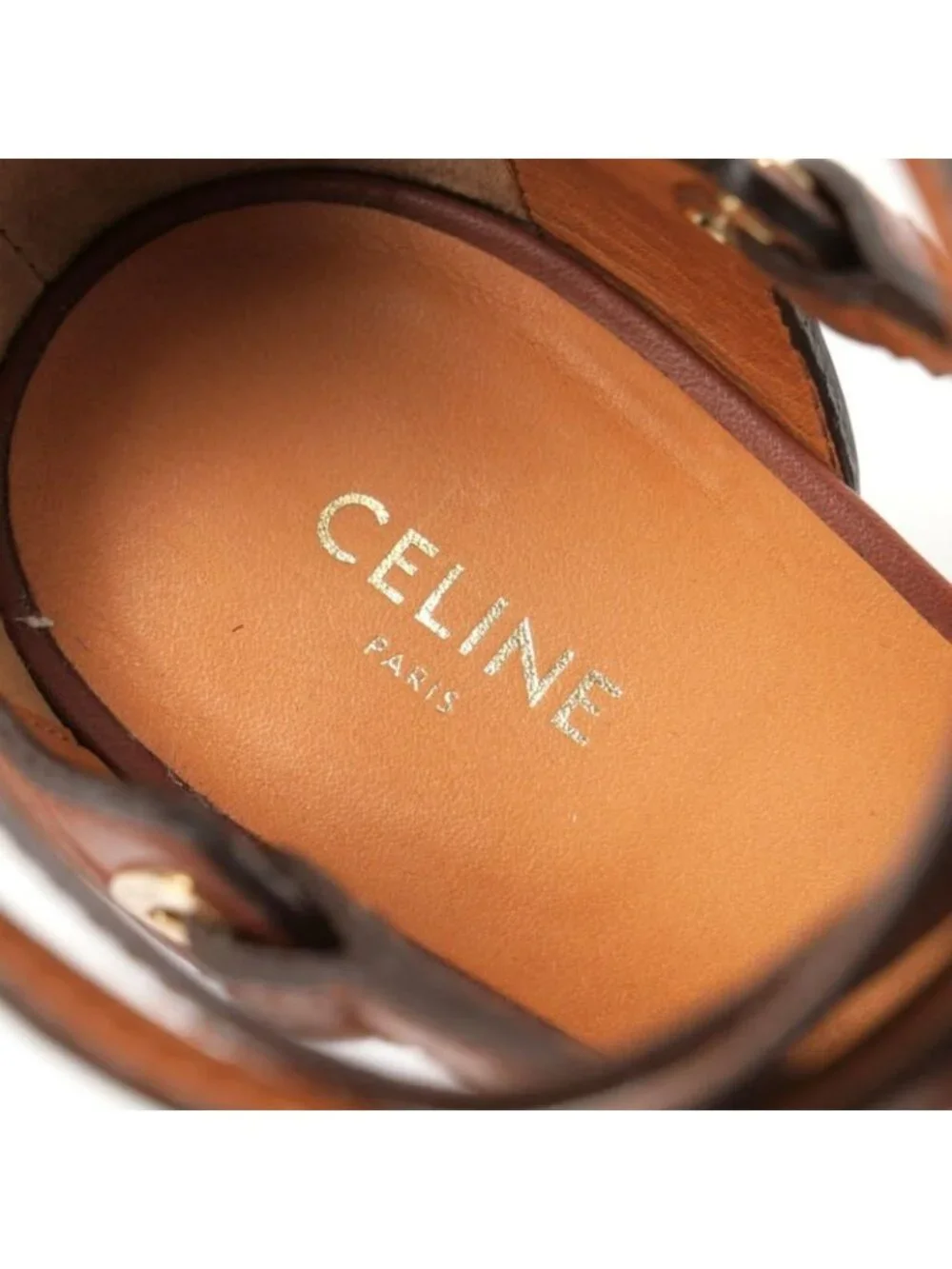 Celine Sandals Size 37.5 Ankle Strap Chunky Heel Lace Up Leather - Picture 7 of 8